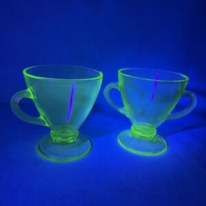 Creamer And Sugar‎ Green Uranium Depression Glass Set (2) Footed Cups